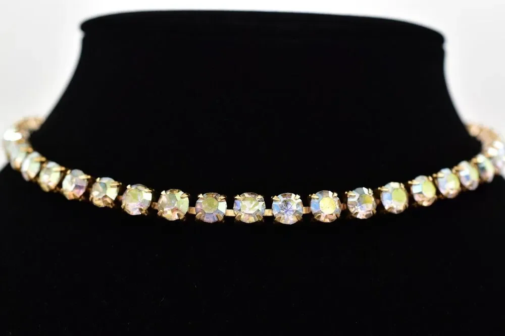 Vintage Crystal Choker Necklace Aurora Borealis Round Prong Rhinestone 80s BinBL